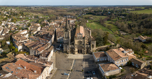 Aerial view, Cathedral of Bazas film by drone, Gironde, Aquitaine, France, Europe
