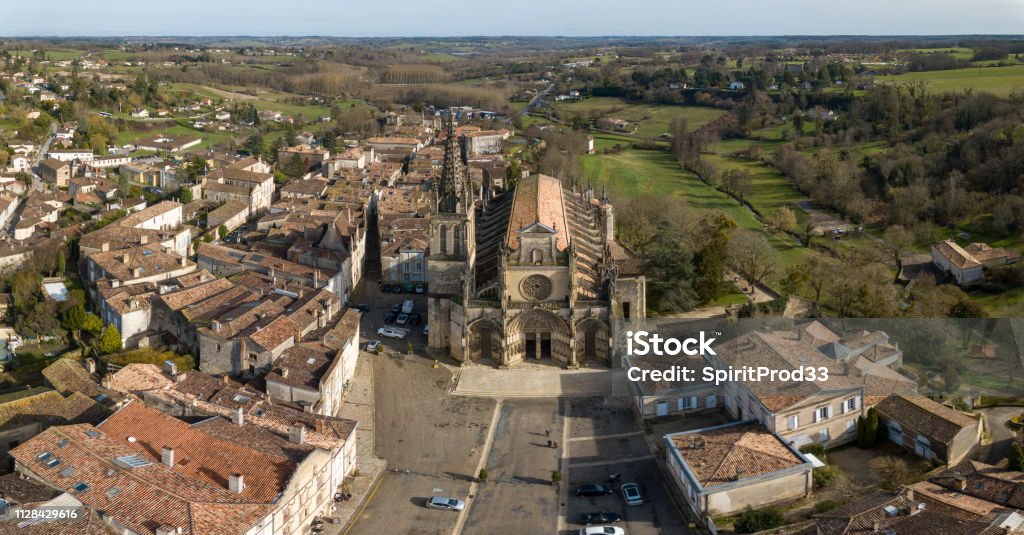 Aerial view, Cathedral of Bazas film by drone, Gironde, Aquitaine, France, Europe Ancient Stock Photo