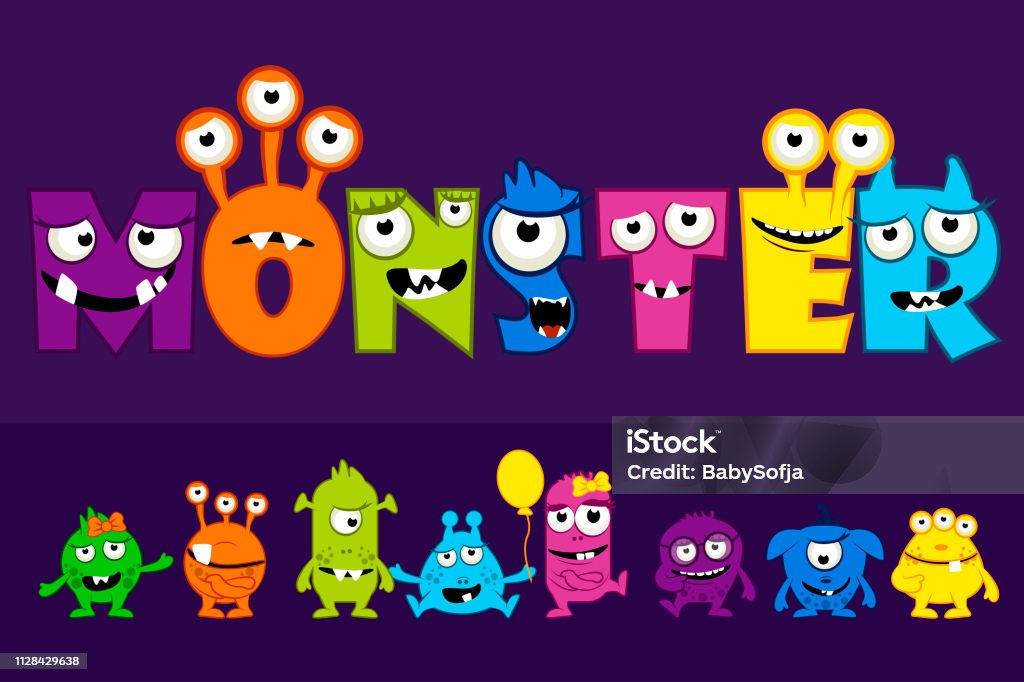 Vector collection of cute Monsters, cartoon funny monster letter set Vector collection of cute Monsters, cartoon alphabet text MONSTER Monster - Fictional Character stock vector