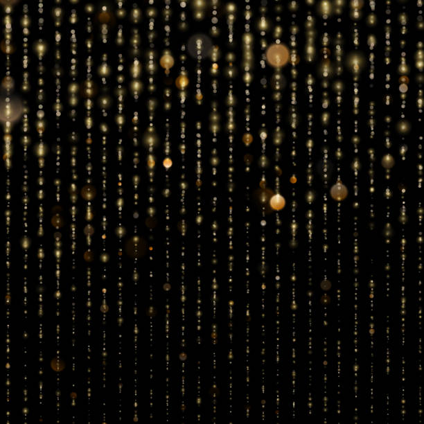 istock Glitter threads of curtain backdrop on black. Sparkling of shimmering light blurs. Gold particles lines rain. Fashion strass drops with shiny sequins. Christmas and New Year effect. EPS 10 1128431115