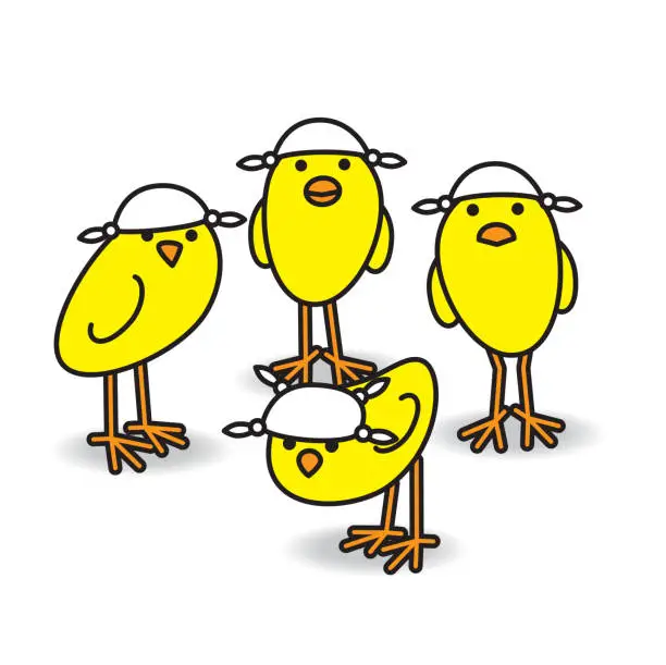 Vector illustration of Four Yellow Chicks wearing Handkerchiefs on Heads