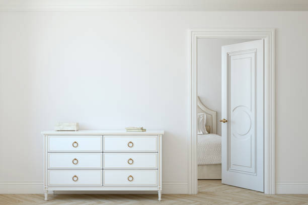 Interior mockup. 3d rendering. Interior mockup. White dresser near empty white wall. 3d rendering. dresser domestic room entrance hall home interior stock pictures, royalty-free photos & images
