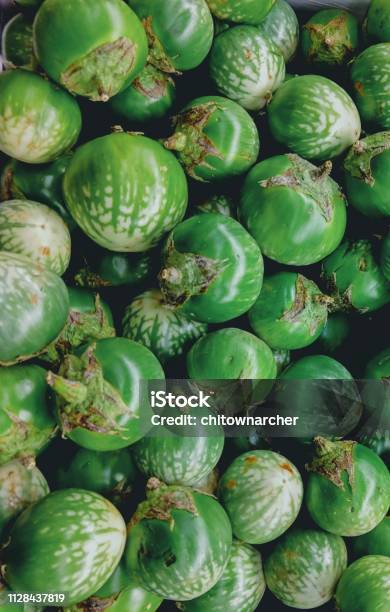 Foto de Banca De Mercado Com Jilo Verde Brasileiro Berinjela Escarlate e  mais fotos de stock de Berinjela - iStock