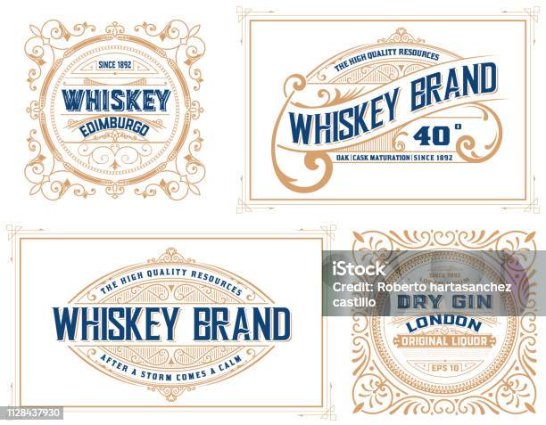 Retro Card Set Of 4 Templates Vetor Layered Stock Illustration - Download Image Now - Label, Whiskey, Border - Frame