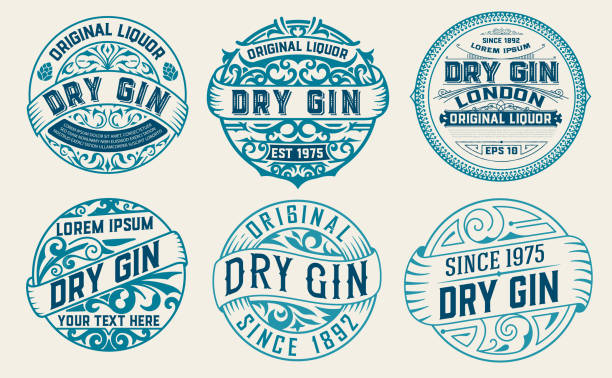 Set of 6 labels or badges for packing Set of 6 labels or badges for packing gin label stock illustrations