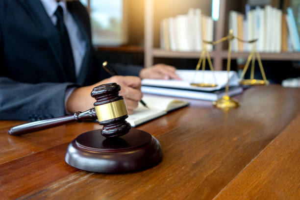 istock Judge lawyer gavel work in office with  balance 1128438064