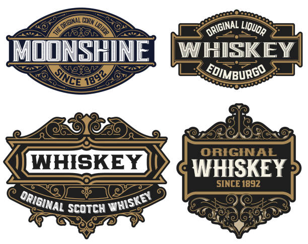 ilustraciones, imágenes clip art, dibujos animados e iconos de stock de conjunto de 4 logos o insignias para el embalaje - whisky