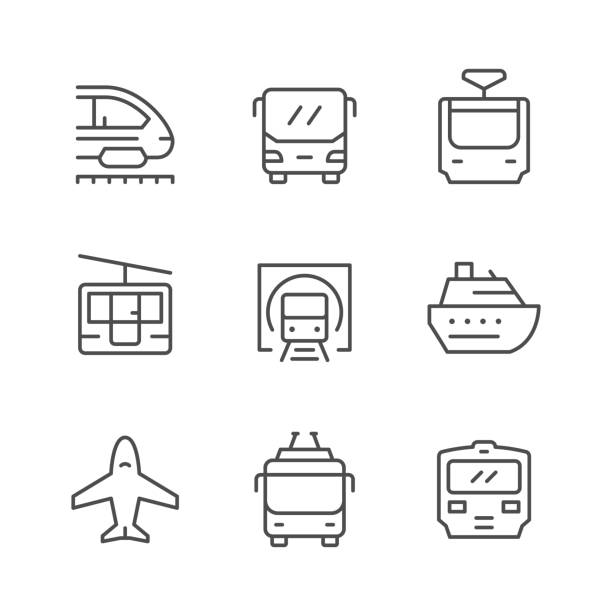 ilustrações de stock, clip art, desenhos animados e ícones de set line icons of public transport - train people cable car transportation