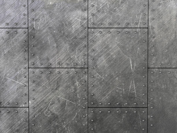 scratched metal plates Background formed by scratched metal plates with rivets. 3D illustration. riveted metal texture stock pictures, royalty-free photos & images