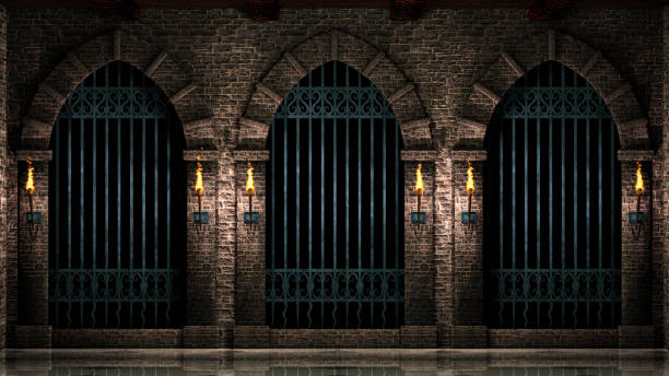 Arches with iron railings and torches Medieval castle arches with iron castle railings and torches.3d illustration. turret arch stock pictures, royalty-free photos & images
