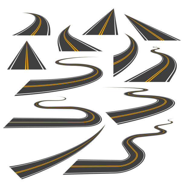 Big set of asphalt road curves, turns, bankings, and perspectives. Big set of asphalt road curves, turns, bankings, and perspectives. Bending road, highway or roadway vector illustration. Collection of winding road design elements with white and yellow markings. road marking stock illustrations