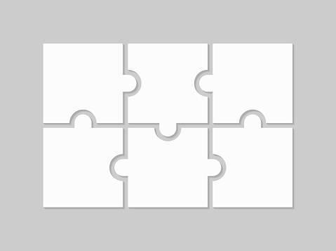 Six blank puzzle pieces. Puzzle for web, information or presentation design, infographics. White puzzle on gray background. Vector illustration