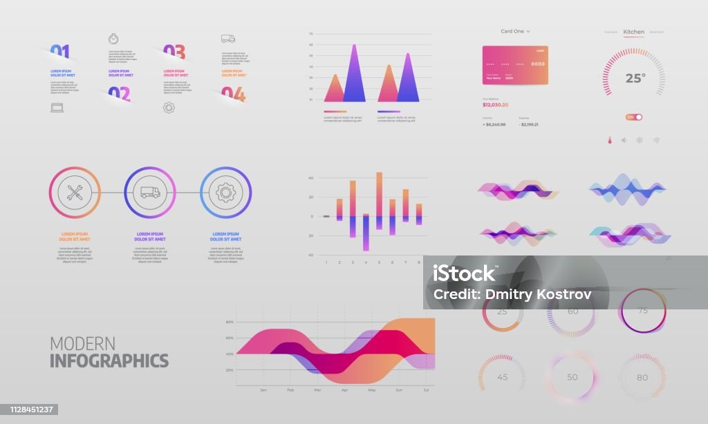 Infographics design vector and marketing icons can be used for workflow layout Dashboard UI and UX Kit. Control center design. Infographics design vector and marketing icons can be used for workflow layout, diagram, annual report, web design. Chart stock vector