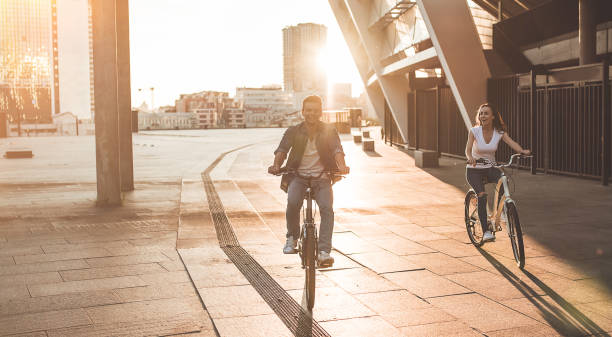 istock Romantic couple with bicycles in the city 1128451930