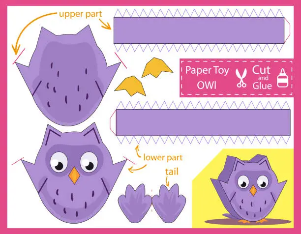 Vector illustration of Cut and glue the paper cute funny owl. Kids art craft game and activities jigsaw. Children funny riddle entertainment and amusement. Create toys the cartoon bird yourself. Vector illustration. page, animal, children, toys, owls, owl, character, happy, car