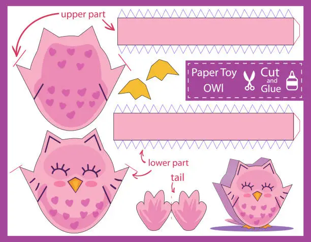 Vector illustration of Cut and glue the paper cute owl. Children funny riddle entertainment and amusement. Kids art craft game and activities jigsaw. Create toys the cartoon bird yourself. Vector illustration.