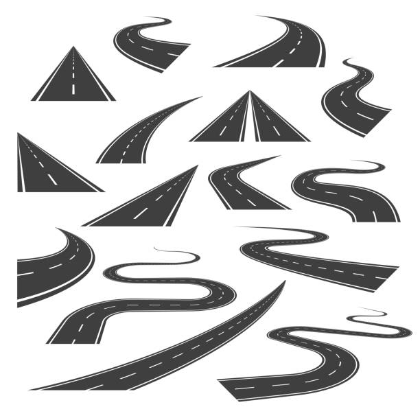 ilustrações de stock, clip art, desenhos animados e ícones de big set of asphalt road curves, turns, bankings, and perspectives. - computer icon symbol highway driving