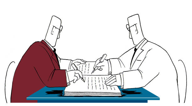 contract two men signing a contract documento stock illustrations