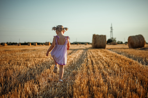 Little girl walking in stubble