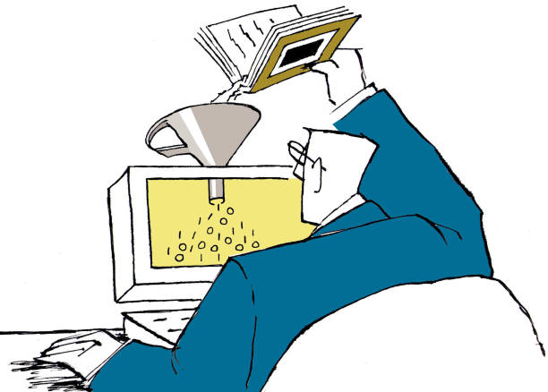 electronic book person inserting book words into the computer with funnel tecnologia stock illustrations