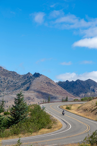 Cycler riding a winding road in Mt. St. Helens Nat'l Park