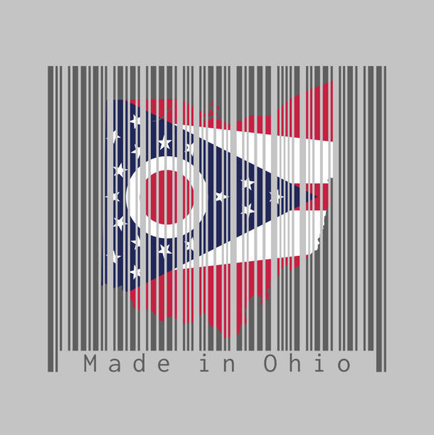 istock Barcode set the shape to Ohio map outline and the color of Ohio flag on dark grey barcode with grey background, text: Made in Ohio. 1128461108