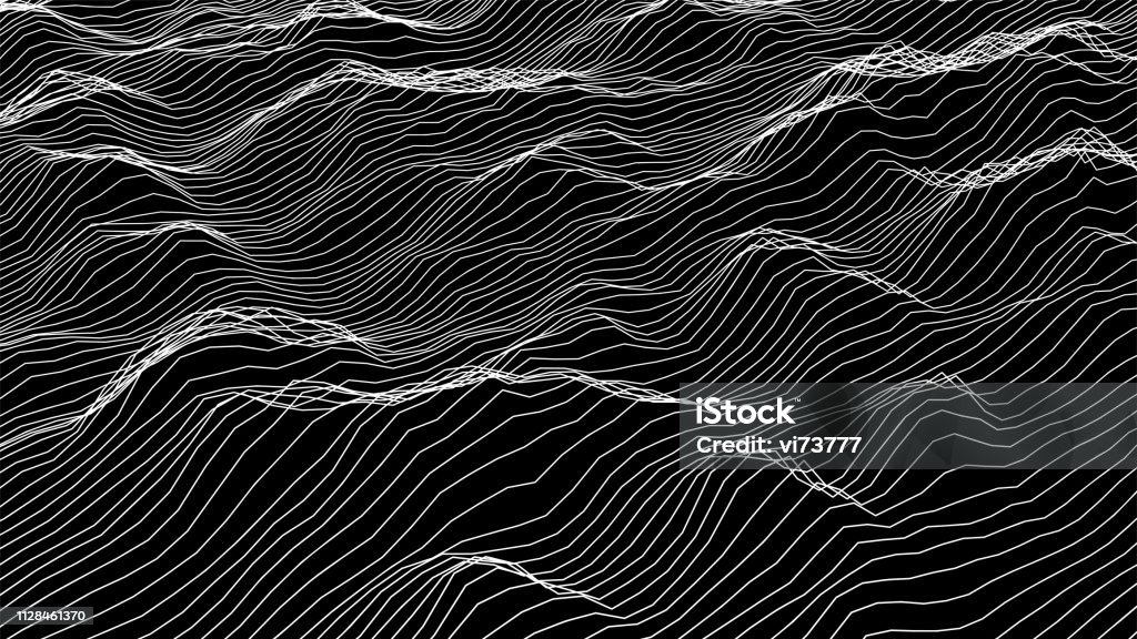 Fondo del paisaje futurista de alambre. Ilustración digital vectorial de líneas blanco de la onda. Abstracción geométrica. - arte vectorial de Con textura libre de derechos