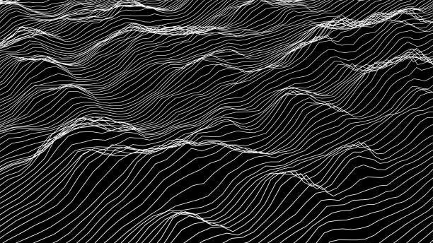 ilustraciones, imágenes clip art, dibujos animados e iconos de stock de fondo del paisaje futurista de alambre. ilustración digital vectorial de líneas blanco de la onda. abstracción geométrica. - vector pattern striped internet