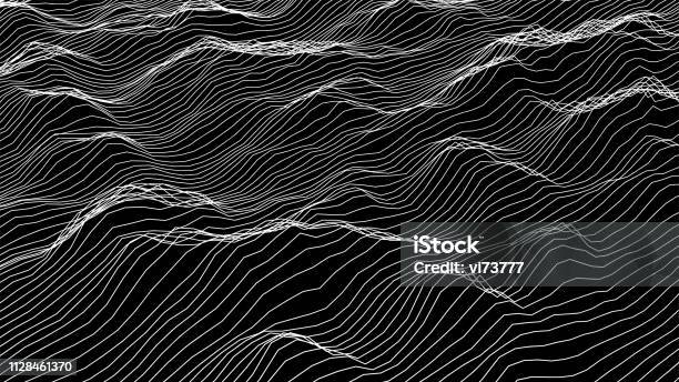 Futuristic Wireframe Landscape Background Vector Digital Illustration From Wave White Lines Geometric Abstraction Stock Illustration - Download Image Now