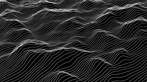Vector illustration of Futuristic wireframe landscape background. Vector digital illustration from wave white lines. Geometric abstraction.