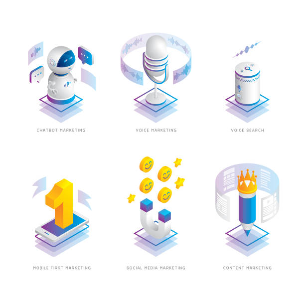 ilustrações de stock, clip art, desenhos animados e ícones de marketing trends isometric icons - search engine marketing white background internet