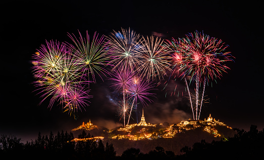 Fireworks show at dark night at Phra Nakorn Kiri (Khao Wang) in Petchaburi, Thailand