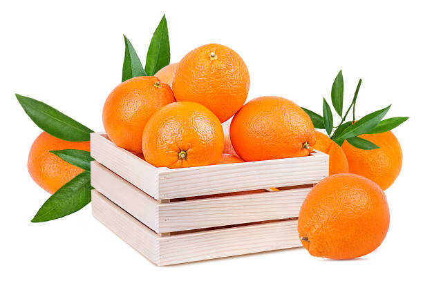 istock Oranges in a wooden box isolated on white background with clipping path 1128463945
