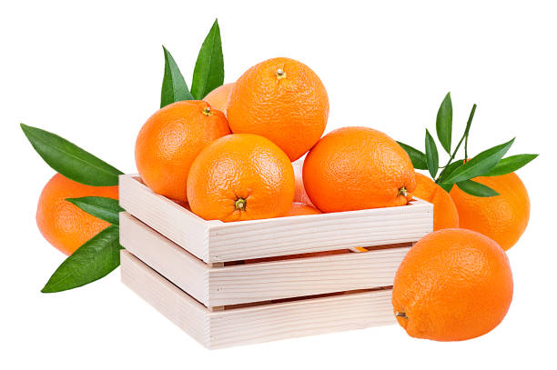 istock Oranges in a wooden box isolated on white background with clipping path 1128464450