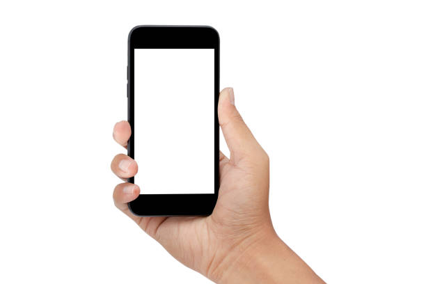 istock hand holding smartphone isolated on white background - clipping paths 1128466246