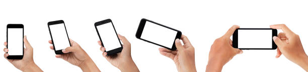 istock Set of hand holding smartphone isolated on white background - clipping paths 1128466312