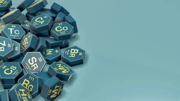 a pile of hexagons with chemical elements symbols, copy space (3d render)