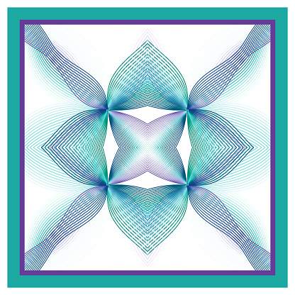 Shawl, bandana design. Blue, turquoise ornament on a white background. Line art multicolored pattern. Kaleidoscope effect, mirror reflection. Symmetric abstract composition. Subtle wavy curves