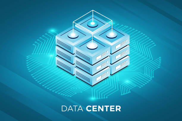 Data Server Technology Isometric illustrations design concept technology solution on top with big data server. Gradient background and digital graph chart thin line. Vector illustrate. mainframe memory system stock illustrations