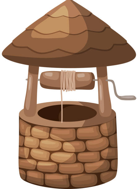 Color image of a simple well with a roof on a white background in the style of a cartoon. Vector illustration Color image of a simple well with a roof on a white background in the style of a cartoon. Vector illustration old water well drawing stock illustrations