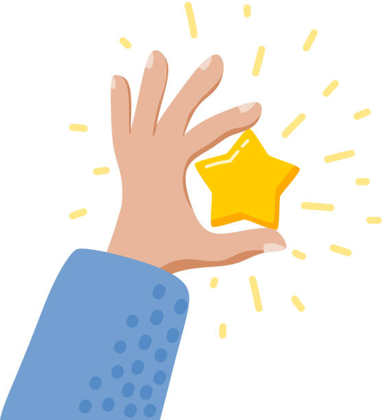 ilustrações de stock, clip art, desenhos animados e ícones de man's hand with a golden star. concepts of success and prosperity. cartoon style. isolated objects on white background. vector illustration - report card illustrations