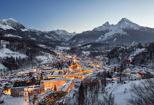 Night winter aerial panorama of Berchtesgaden old town, Germany Night view of Berchtesgaden national park in winter upper bavaria stock pictures, royalty-free photos & images