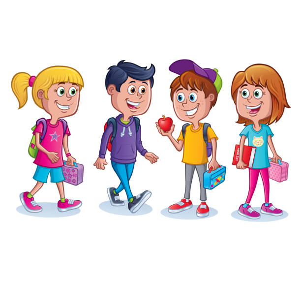 ilustrações, clipart, desenhos animados e ícones de grupo de crianças prontas para a escola - 2334