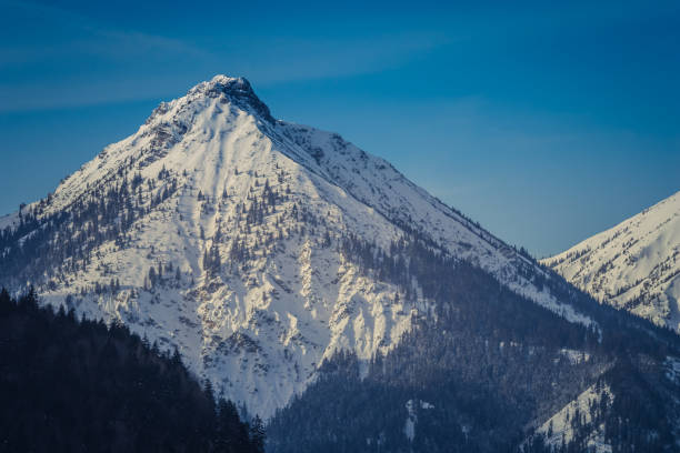 istock Panoramic view of the European Alps, dark, cloudy background concept 1128481908