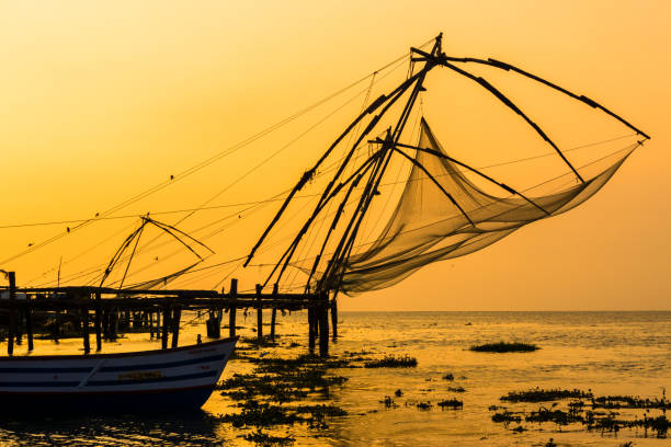 Chinese fishing nets in Kochi Chinese fishing nets in Kochi/Cochin, Kerala, Southindia cochin kerala india chinese fishing net stock pictures, royalty-free photos & images