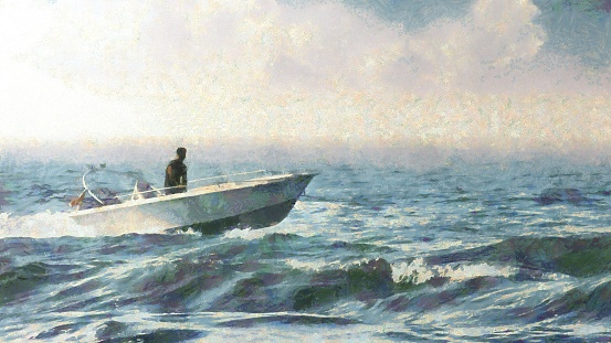 Motorboat sailing on the sea, Painting of a Sailor is driving a motorboat
