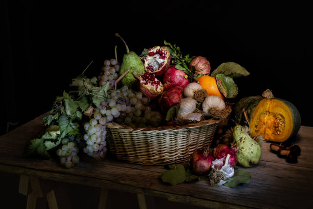 istock Light painting still life study of Autumn fruits 1128490077