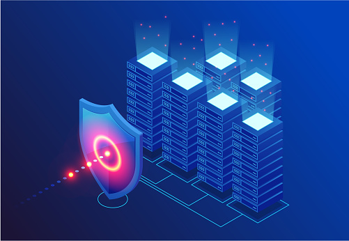Isometric Protection network security and safe your data concept. Web page design templates Cybersecurity. Digital crime by an anonymous hacker. Vector illustration.
