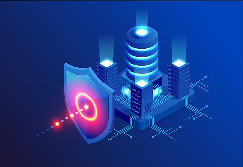 Isometric Protection network security and safe your data concept. Web page design templates Cybersecurity. Digital crime by an anonymous hacker. Vector illustration.