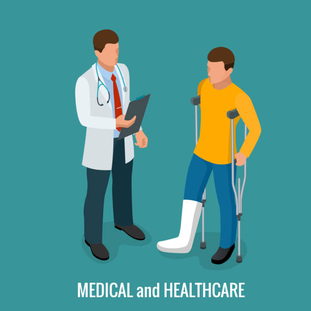 Fracture of the leg, sprain or tearing of the leg ligaments.Rehabilitation after trauma. Orthopedics and medicine. Isometric Vector illustration Fracture of the leg, sprain or tearing of the leg ligaments.Rehabilitation after trauma. Orthopedics and medicine. Isometric Vector illustration. spinal surgery recovery stock illustrations